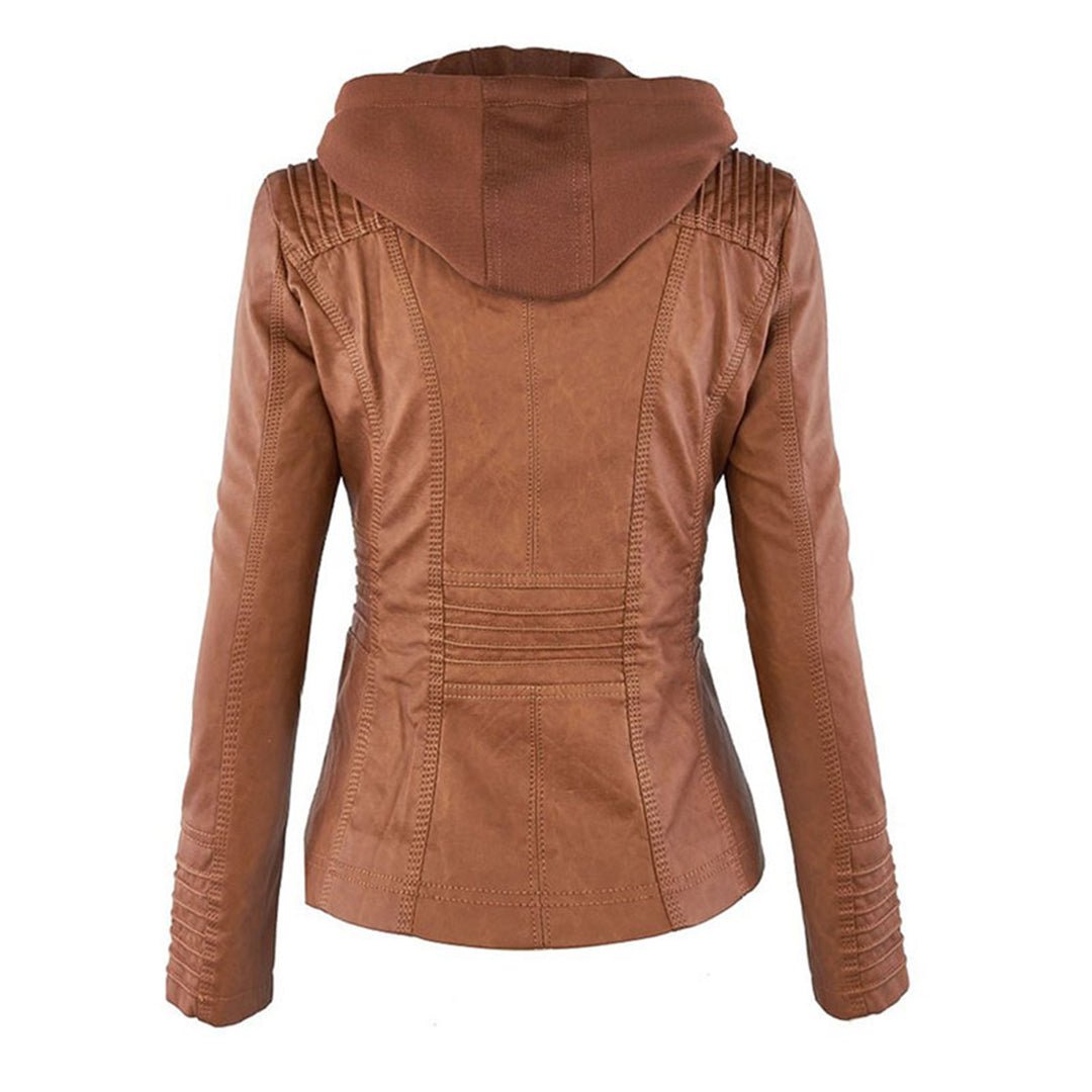 Harlow | Removable-Hood Biker Faux Leather Jacket for Winter