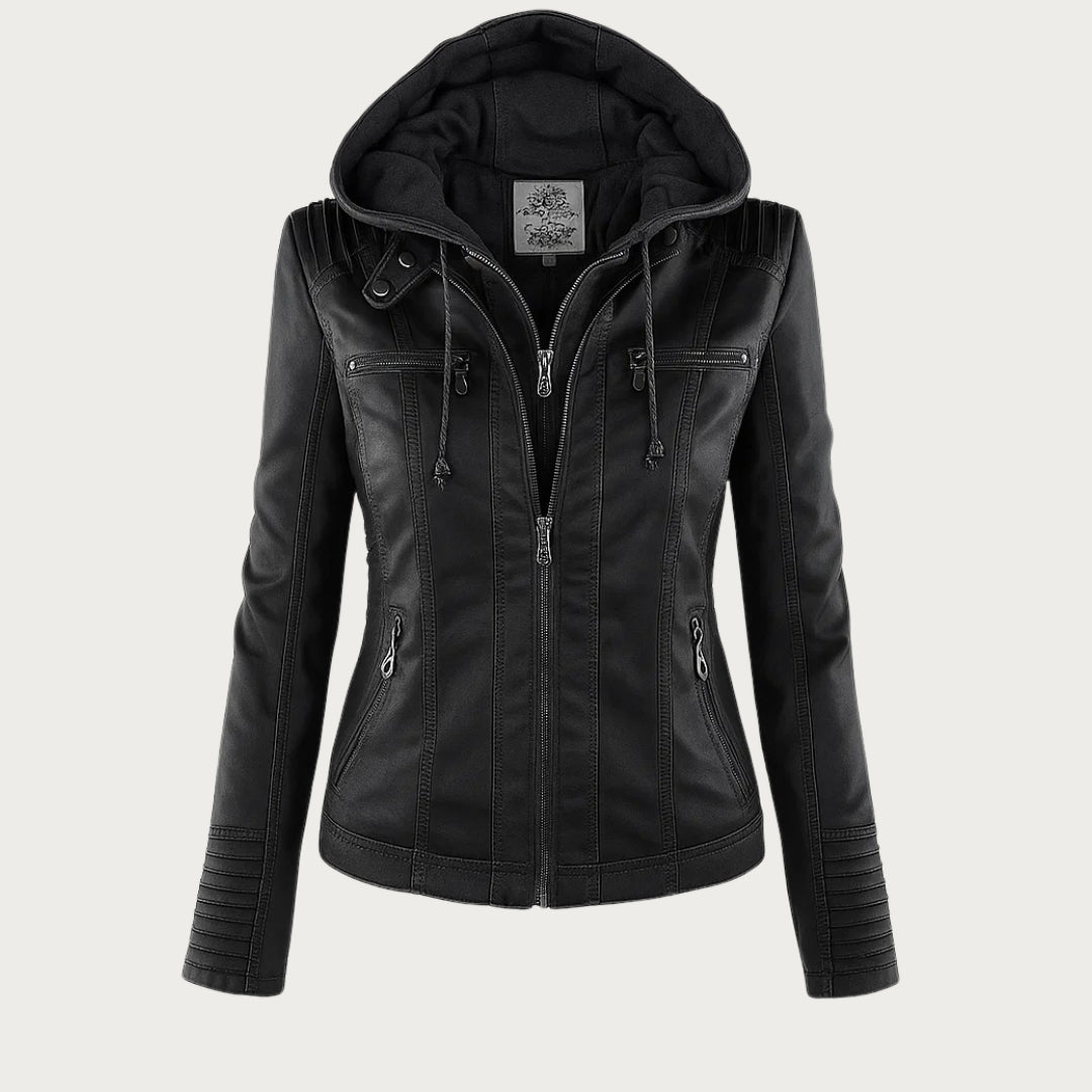 Harlow | Removable-Hood Biker Faux Leather Jacket for Winter