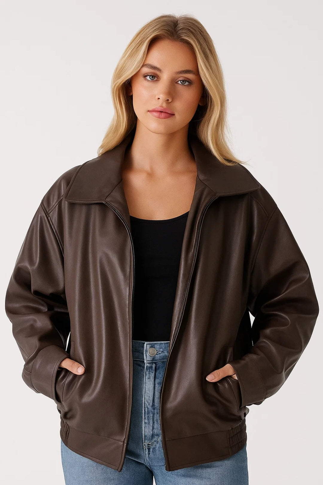 Tatum | Oversized Zip-Closure Bomber Faux Leather Jacket for Winter
