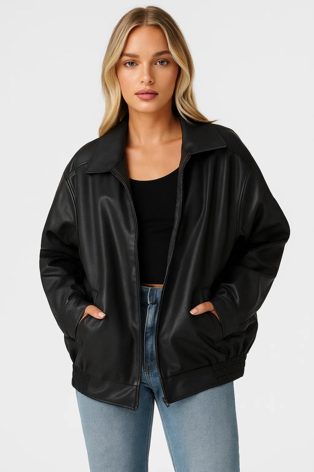 Tatum | Oversized Zip-Closure Bomber Faux Leather Jacket for Winter