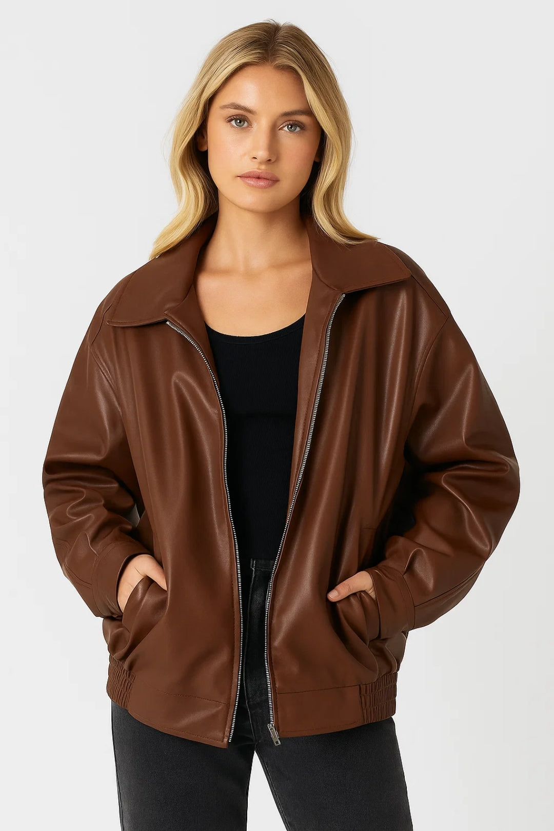 Tatum | Oversized Zip-Closure Bomber Faux Leather Jacket for Winter