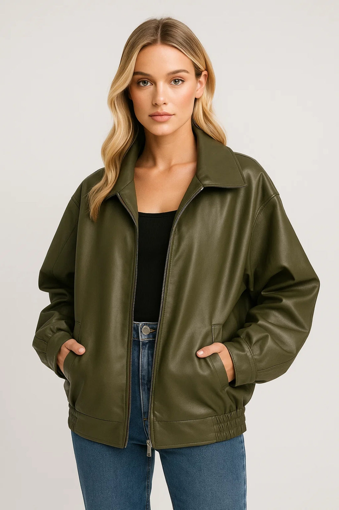 Tatum | Oversized Zip-Closure Bomber Faux Leather Jacket for Winter