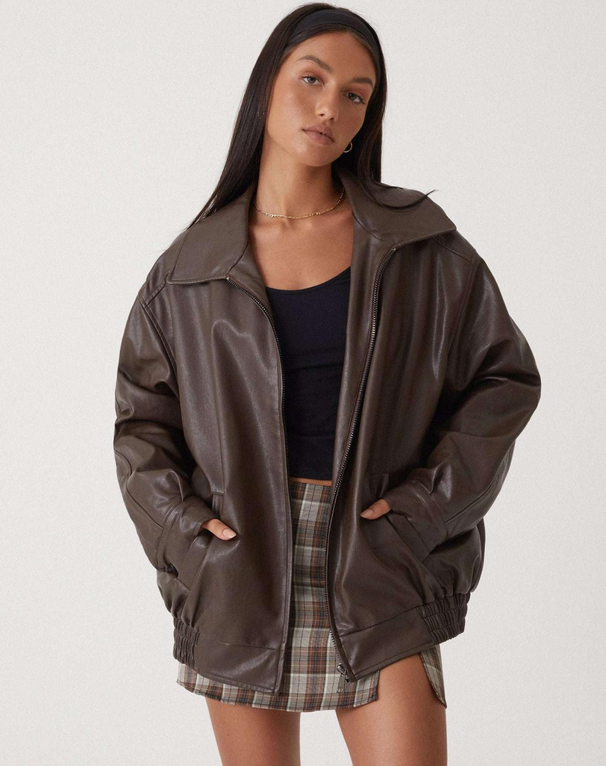 Brynlee | Oversized Zip-Front Bomber Faux Leather Jacket for Winter