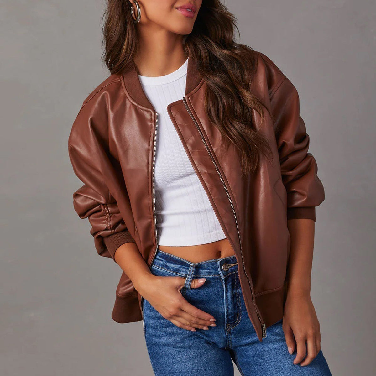 Delphine | Ribbed-Trim Oversized Bomber Faux Leather Jacket for Winter