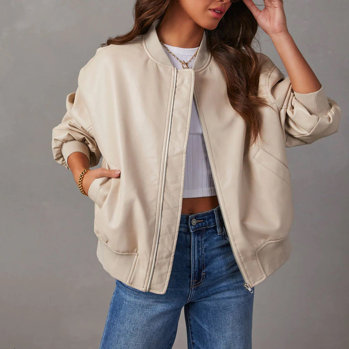 Delphine | Ribbed-Trim Oversized Bomber Faux Leather Jacket for Winter