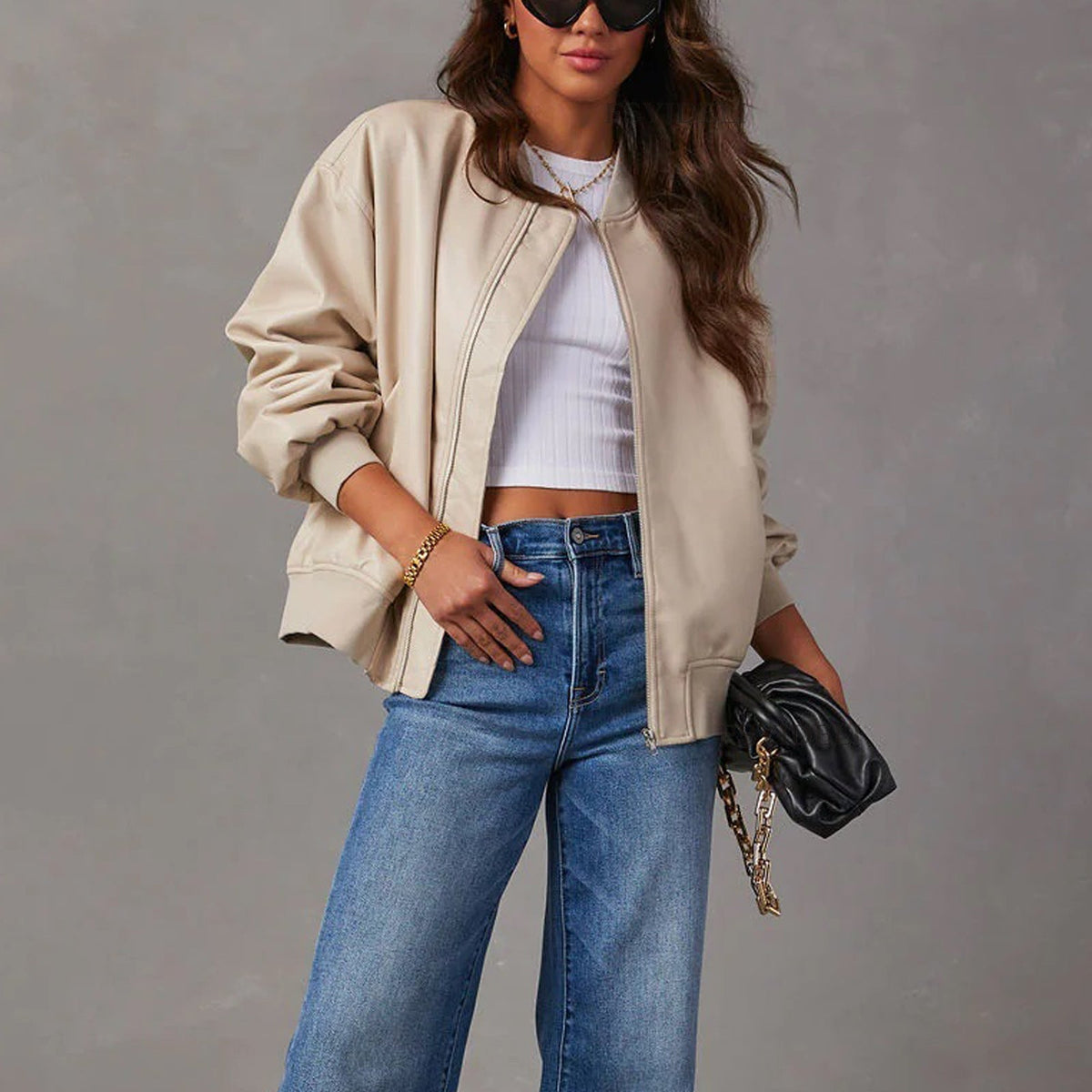 Delphine | Ribbed-Trim Oversized Bomber Faux Leather Jacket for Winter
