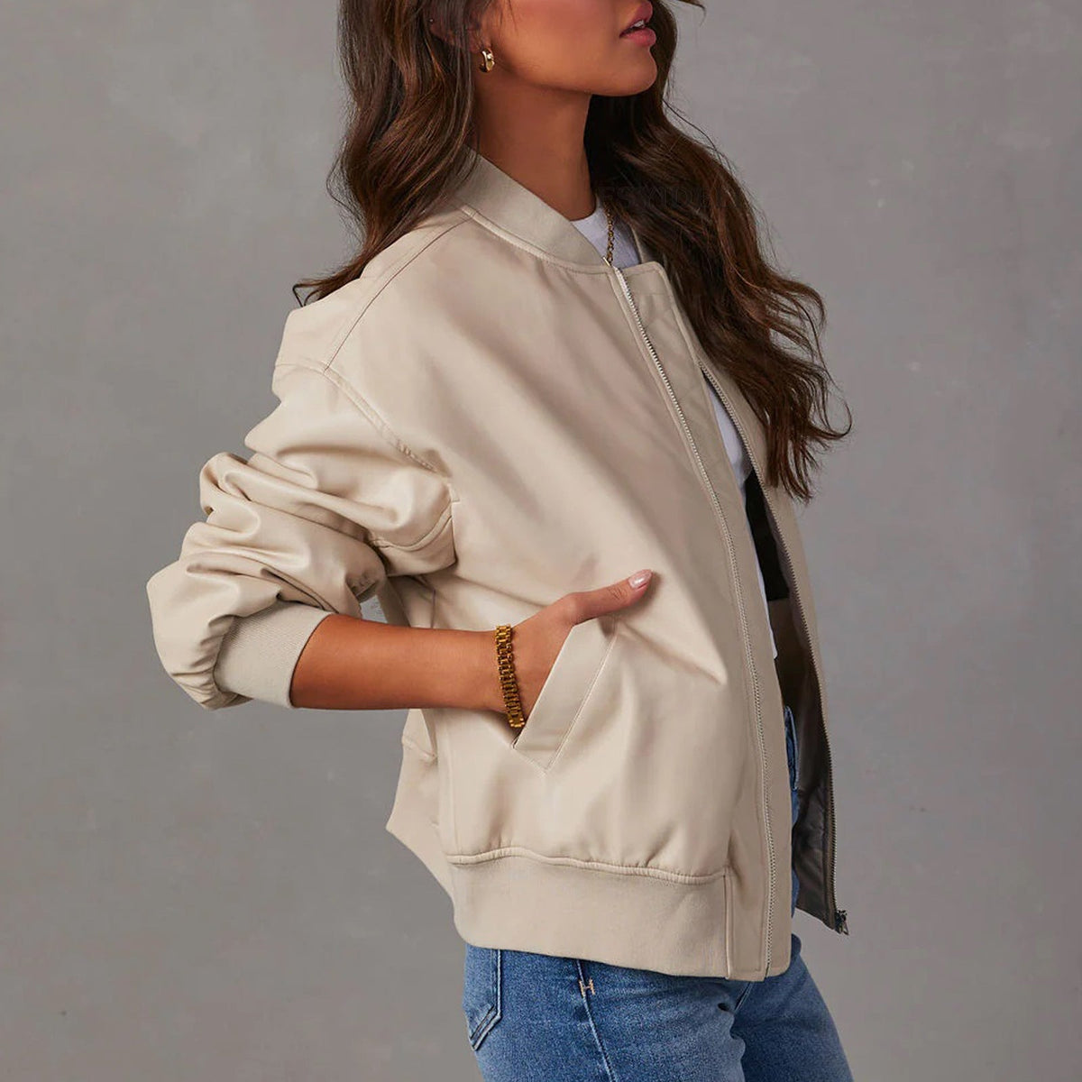 Delphine | Ribbed-Trim Oversized Bomber Faux Leather Jacket for Winter