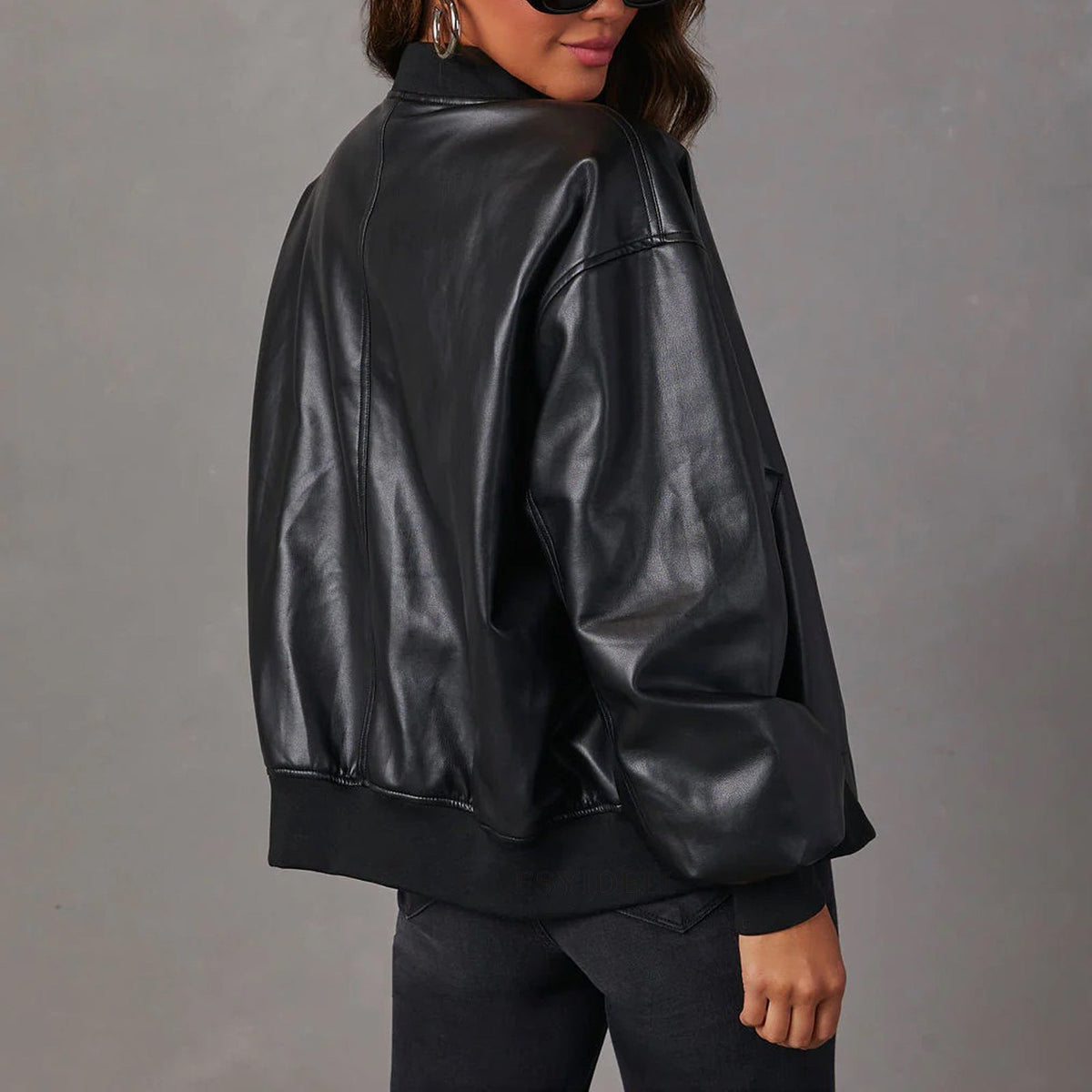Delphine | Ribbed-Trim Oversized Bomber Faux Leather Jacket for Winter