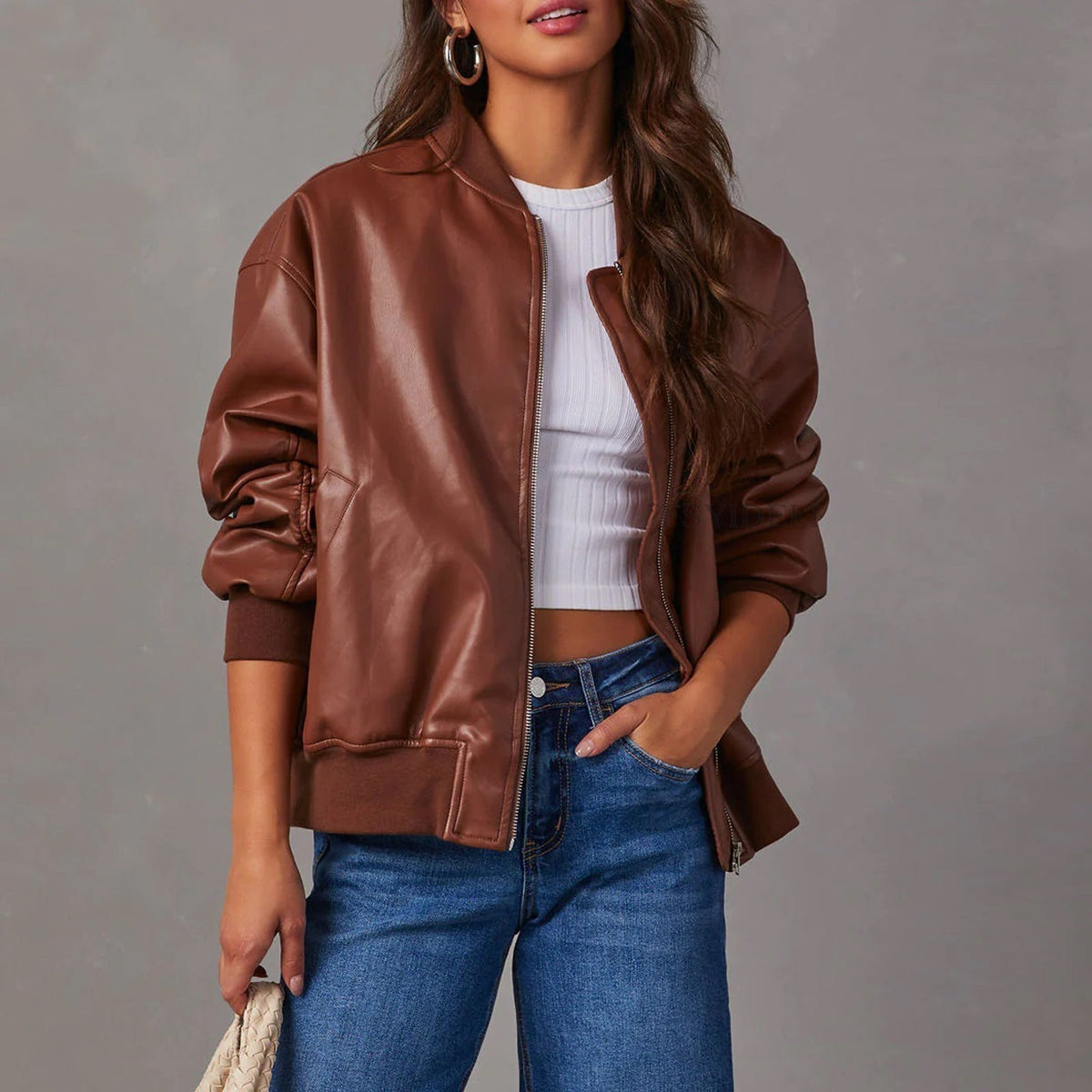 Delphine | Ribbed-Trim Oversized Bomber Faux Leather Jacket for Winter