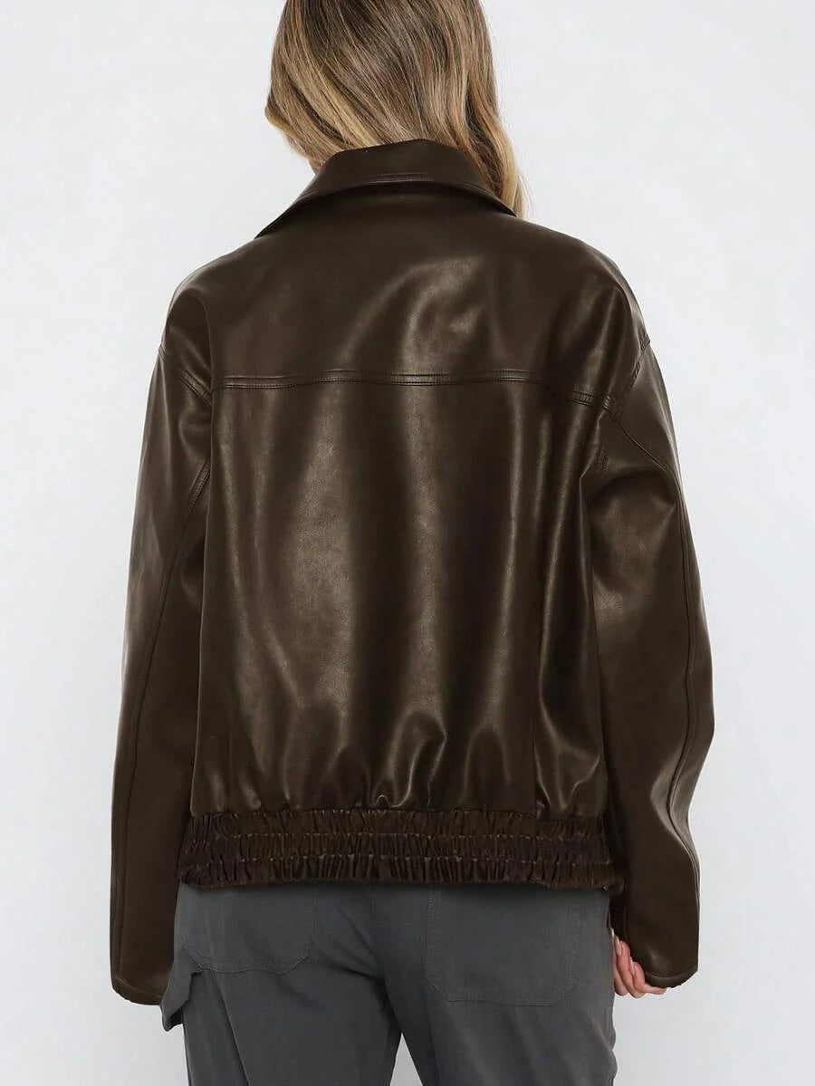 Una | Gathered-Hem Wide-Collar Faux Leather Jacket for Winter