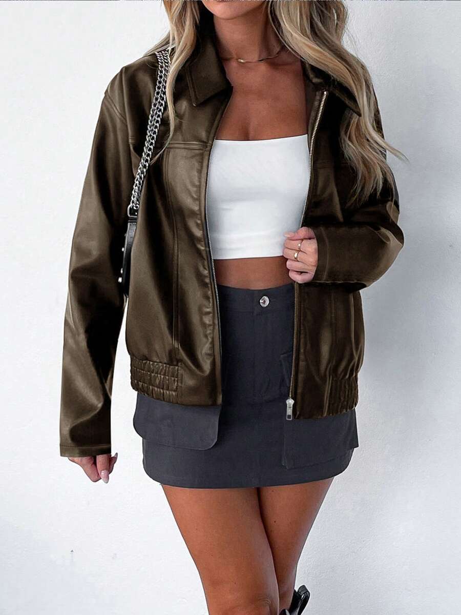 Una | Gathered-Hem Wide-Collar Faux Leather Jacket for Winter