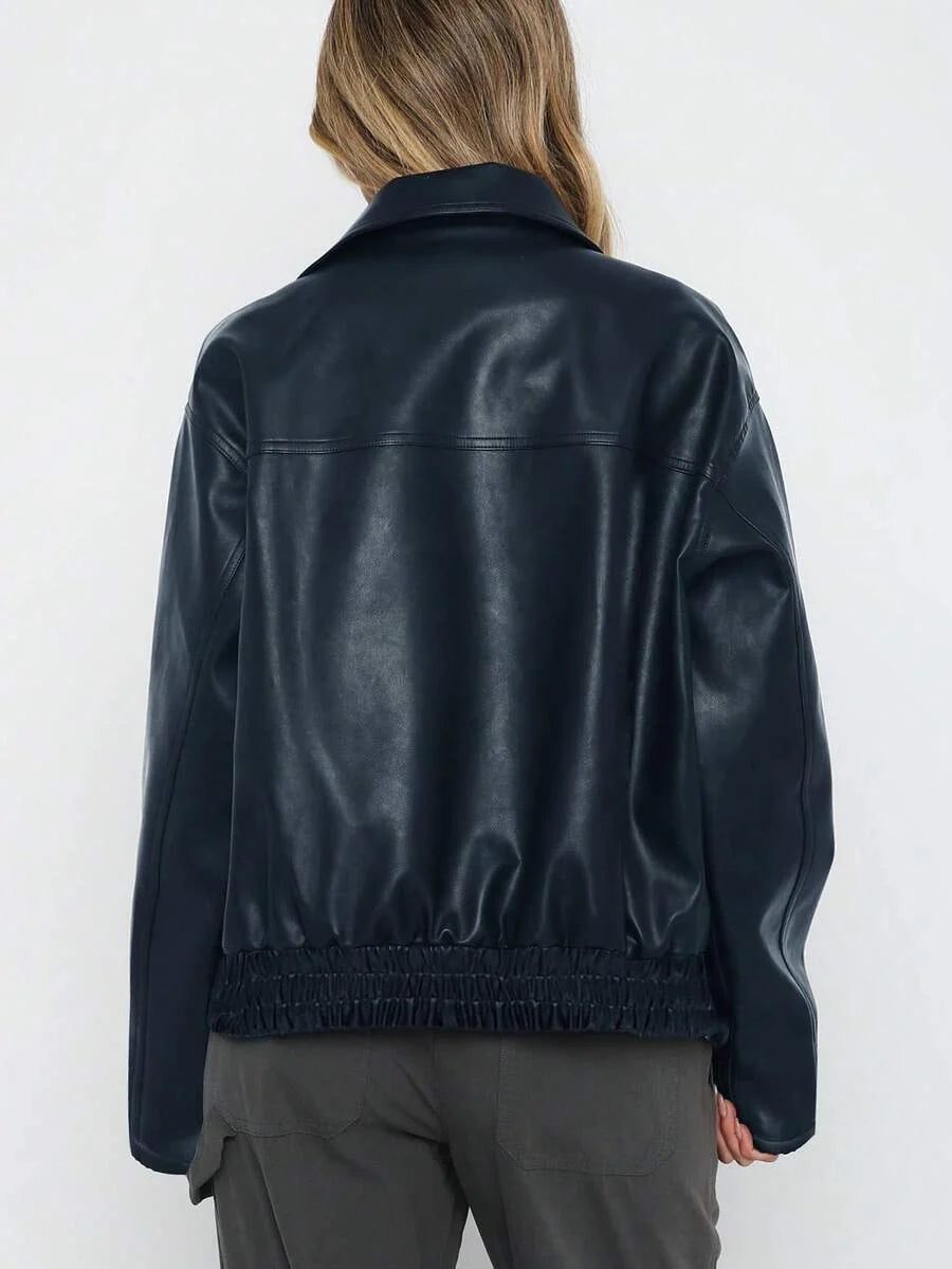 Una | Gathered-Hem Wide-Collar Faux Leather Jacket for Winter