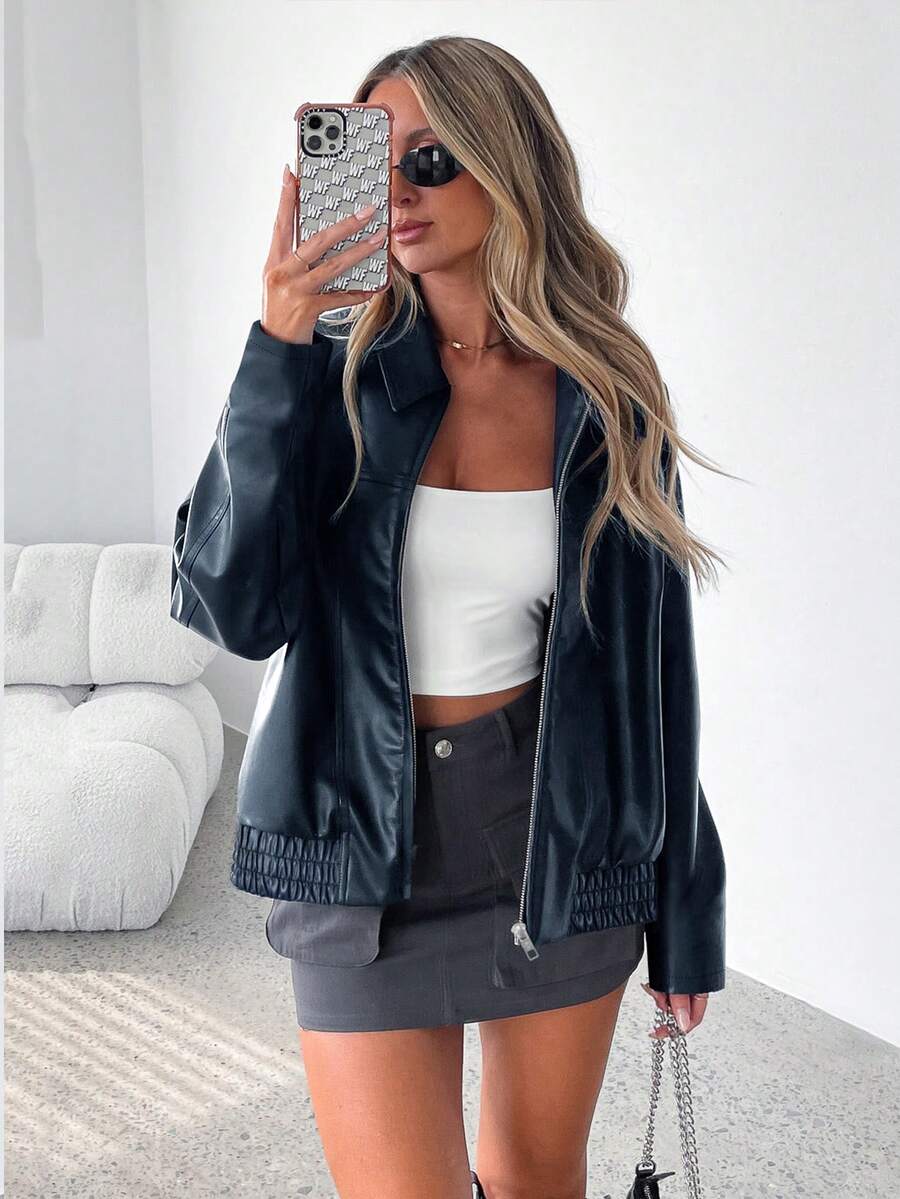 Una | Gathered-Hem Wide-Collar Faux Leather Jacket for Winter