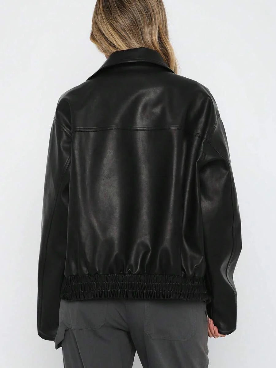 Una | Gathered-Hem Wide-Collar Faux Leather Jacket for Winter