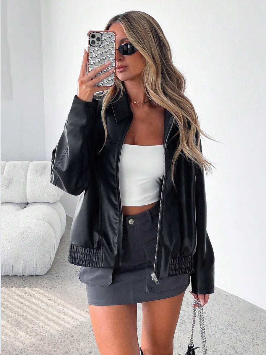 Una | Gathered-Hem Wide-Collar Faux Leather Jacket for Winter