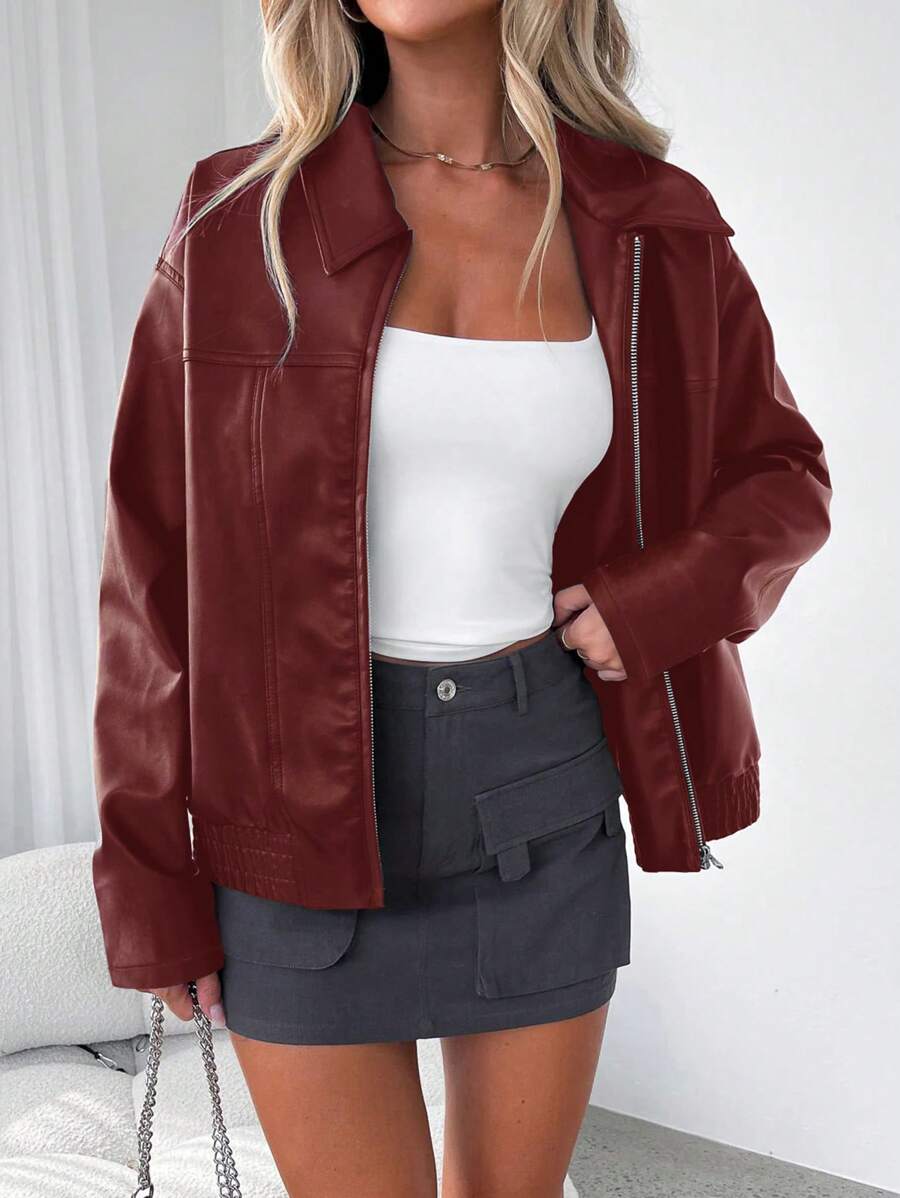Una | Gathered-Hem Wide-Collar Faux Leather Jacket for Winter