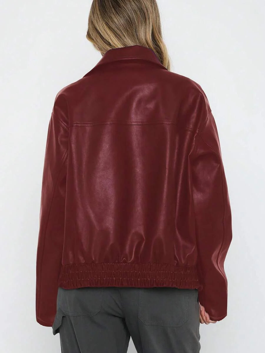 Una | Gathered-Hem Wide-Collar Faux Leather Jacket for Winter