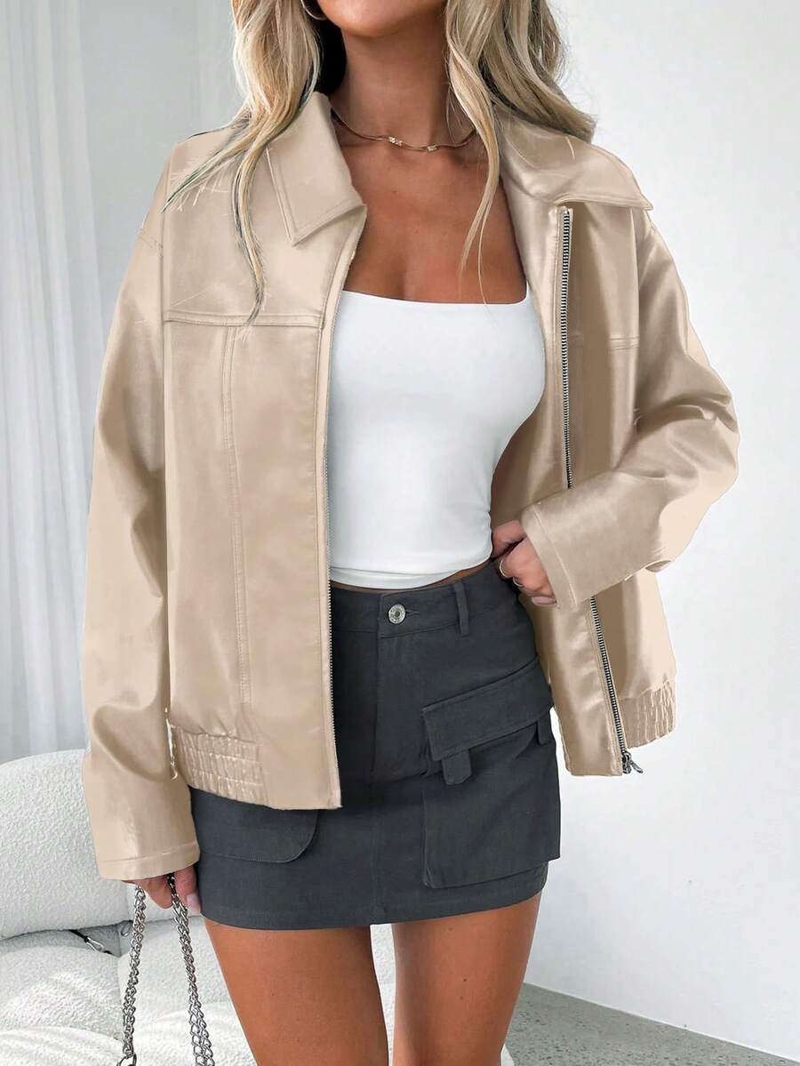 Una | Gathered-Hem Wide-Collar Faux Leather Jacket for Winter