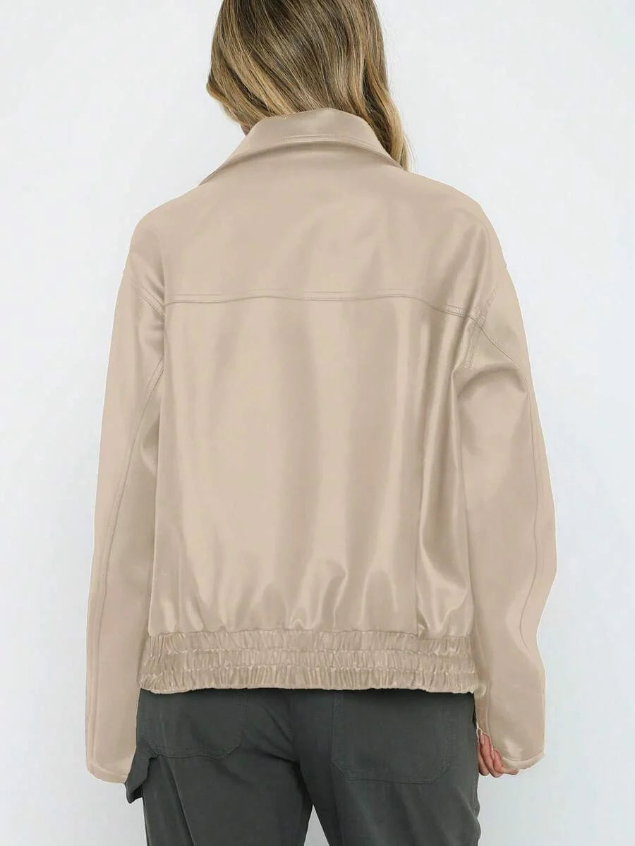 Una | Gathered-Hem Wide-Collar Faux Leather Jacket for Winter