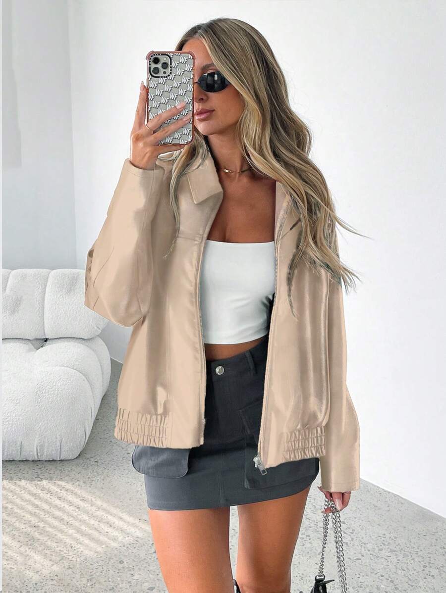 Una | Gathered-Hem Wide-Collar Faux Leather Jacket for Winter