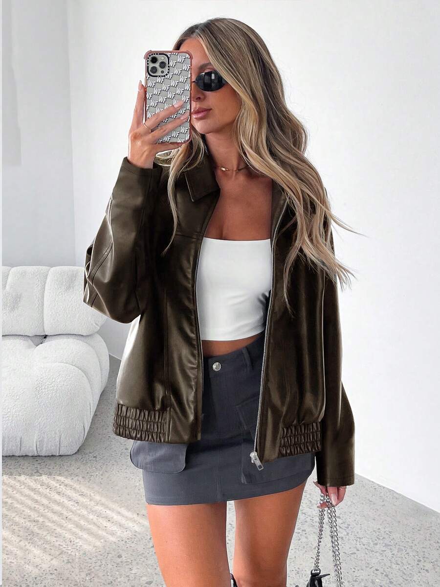 Una | Gathered-Hem Wide-Collar Faux Leather Jacket for Winter