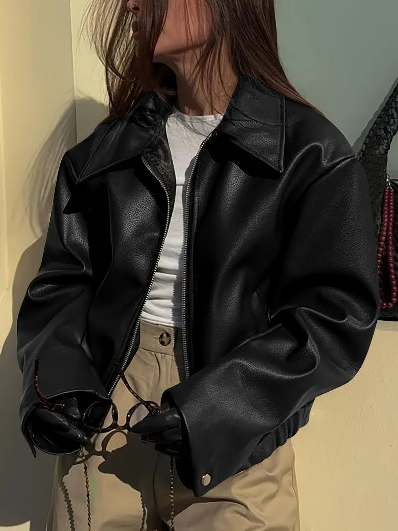 Xanthe | Oversized Elasticated-Hem Faux Leather Jacket for Winter