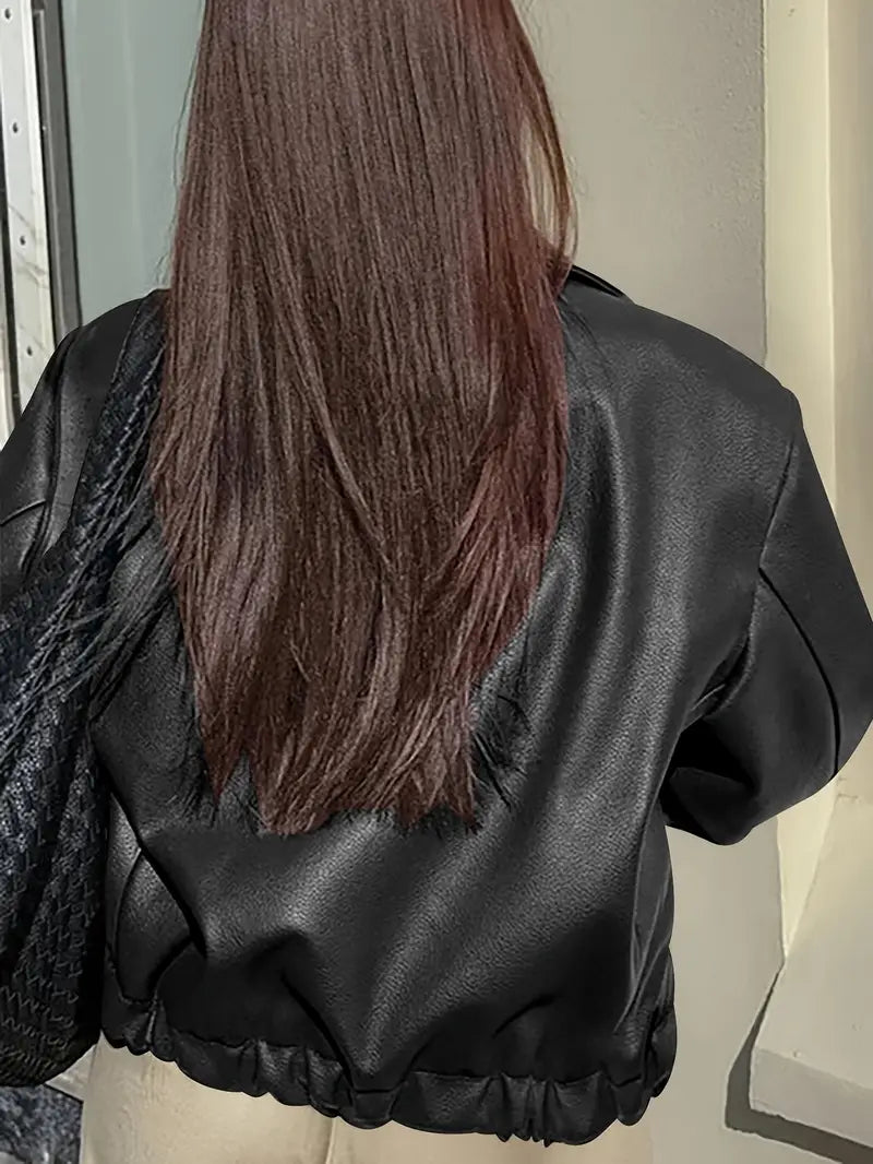 Xanthe | Oversized Elasticated-Hem Faux Leather Jacket for Winter