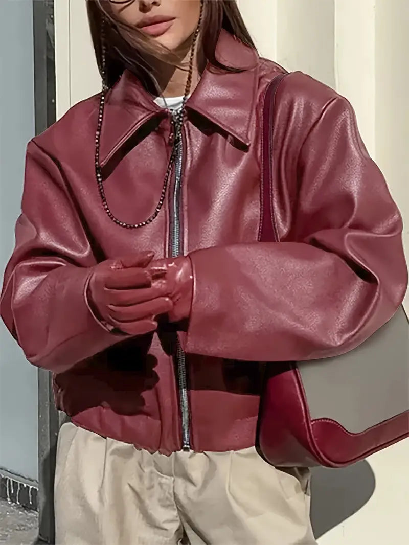 Xanthe | Oversized Elasticated-Hem Faux Leather Jacket for Winter
