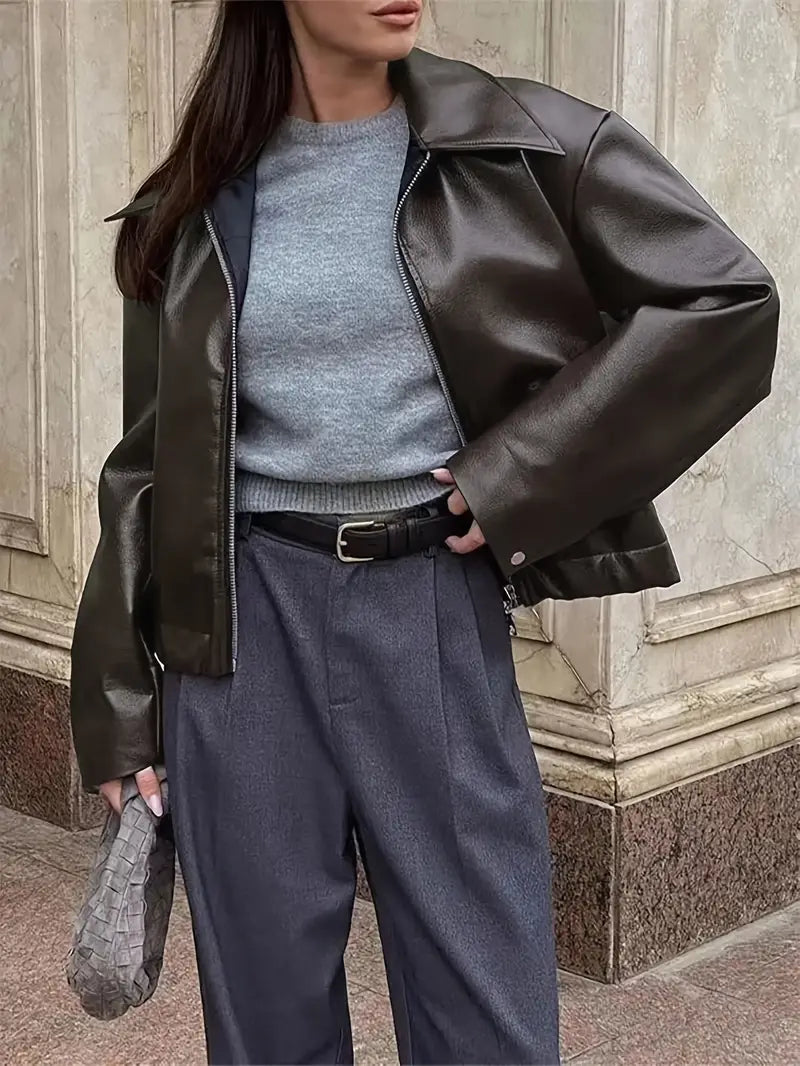 Xanthe | Oversized Elasticated-Hem Faux Leather Jacket for Winter
