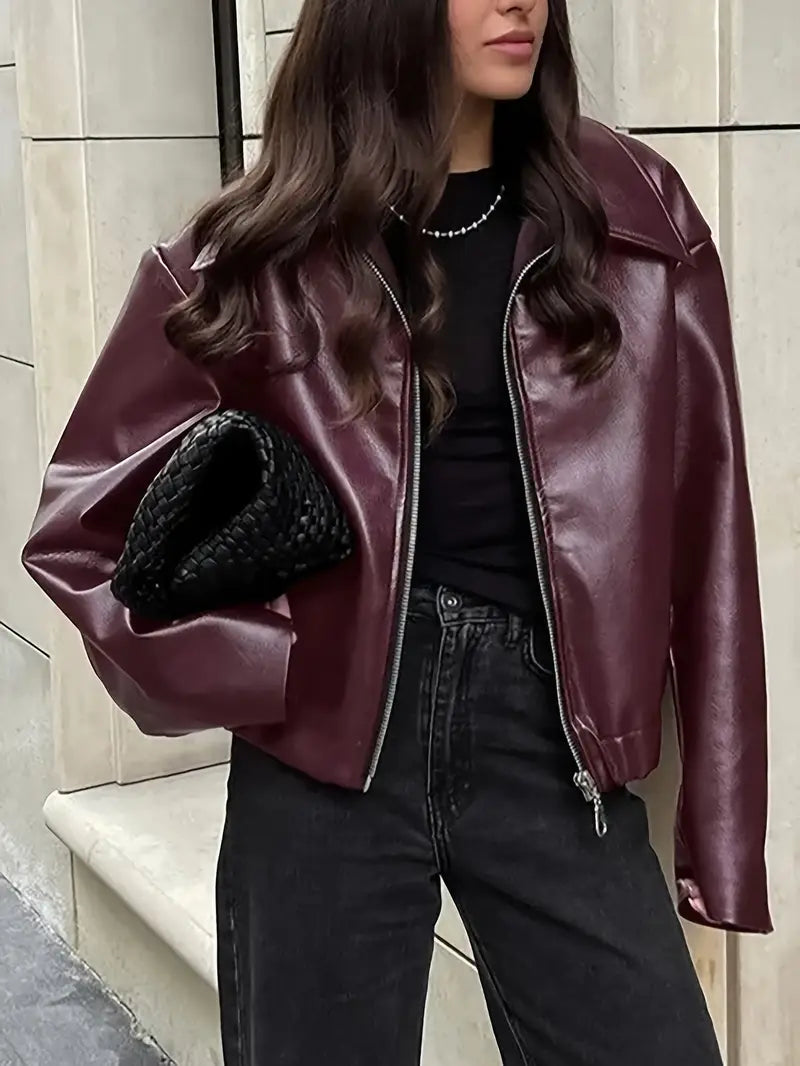 Xanthe | Oversized Elasticated-Hem Faux Leather Jacket for Winter