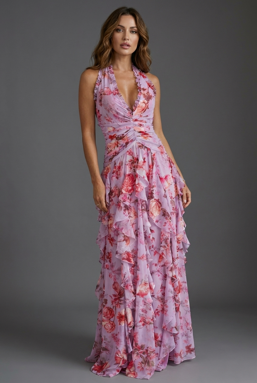 Katriel | Floral Halter Ruffle Women's Party Dress