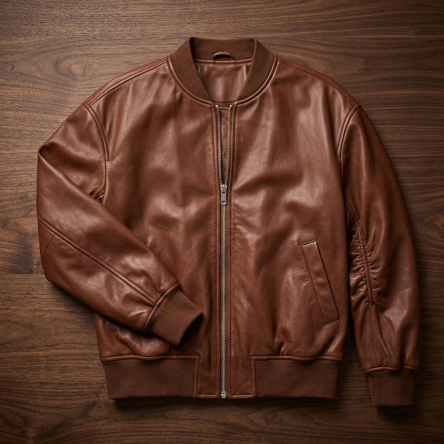 Raine | Ribbed-Trim Bomber Faux Leather Jacket for Winter