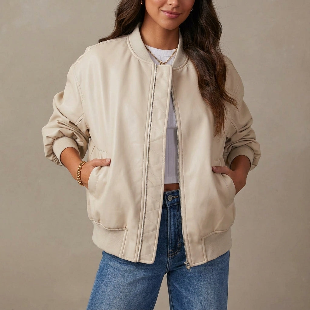 Raine | Ribbed-Trim Bomber Faux Leather Jacket for Winter