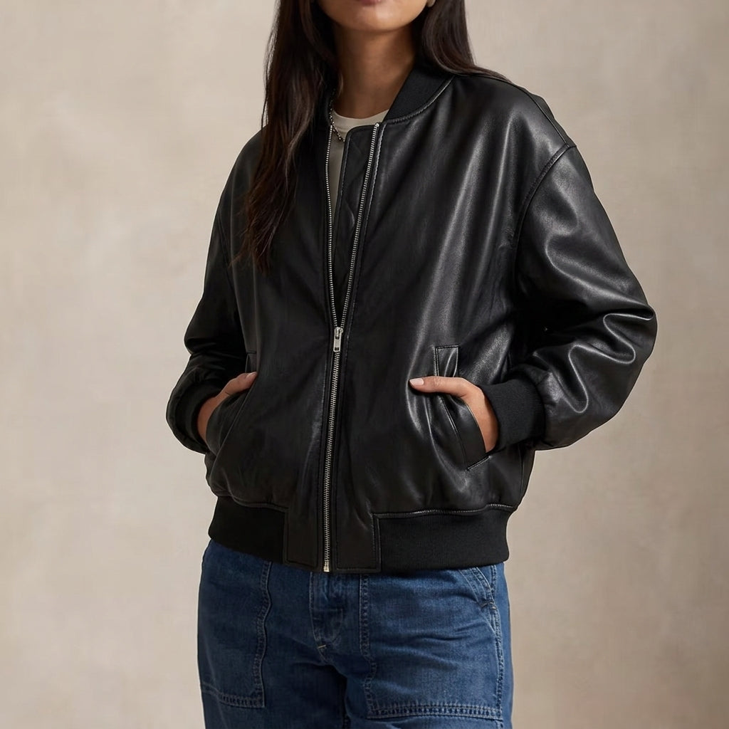 Raine | Ribbed-Trim Bomber Faux Leather Jacket for Winter