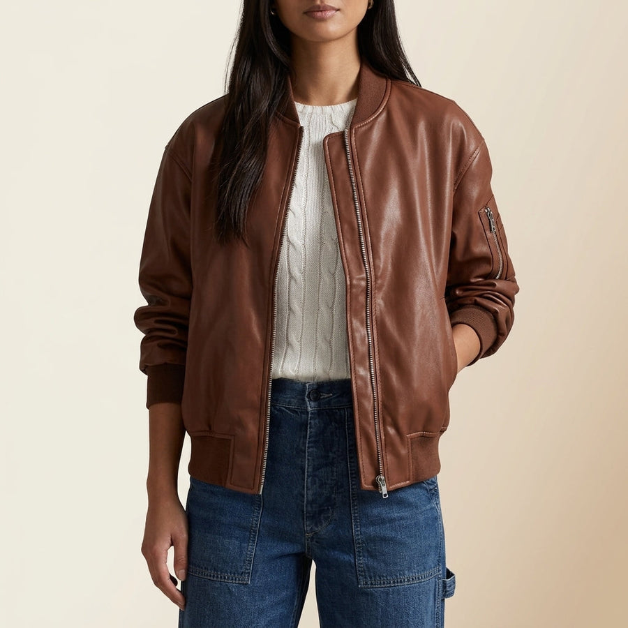 Raine | Ribbed-Trim Bomber Faux Leather Jacket for Winter