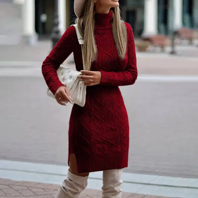 Farrah | Fitted Cable-Knit Turtleneck Women's Sweater Dress for Winter
