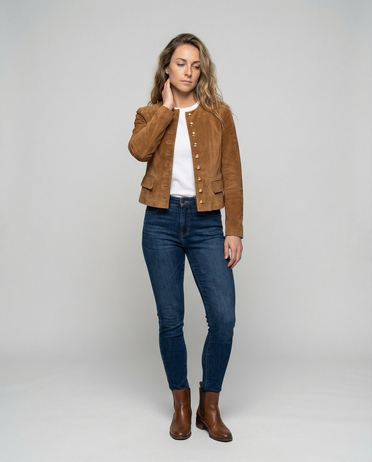 Elowen | Faux Suede Collarless Gold-Button Jacket for Fall
