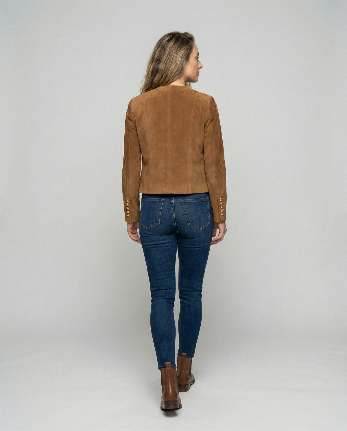 Elowen | Faux Suede Collarless Gold-Button Jacket for Fall
