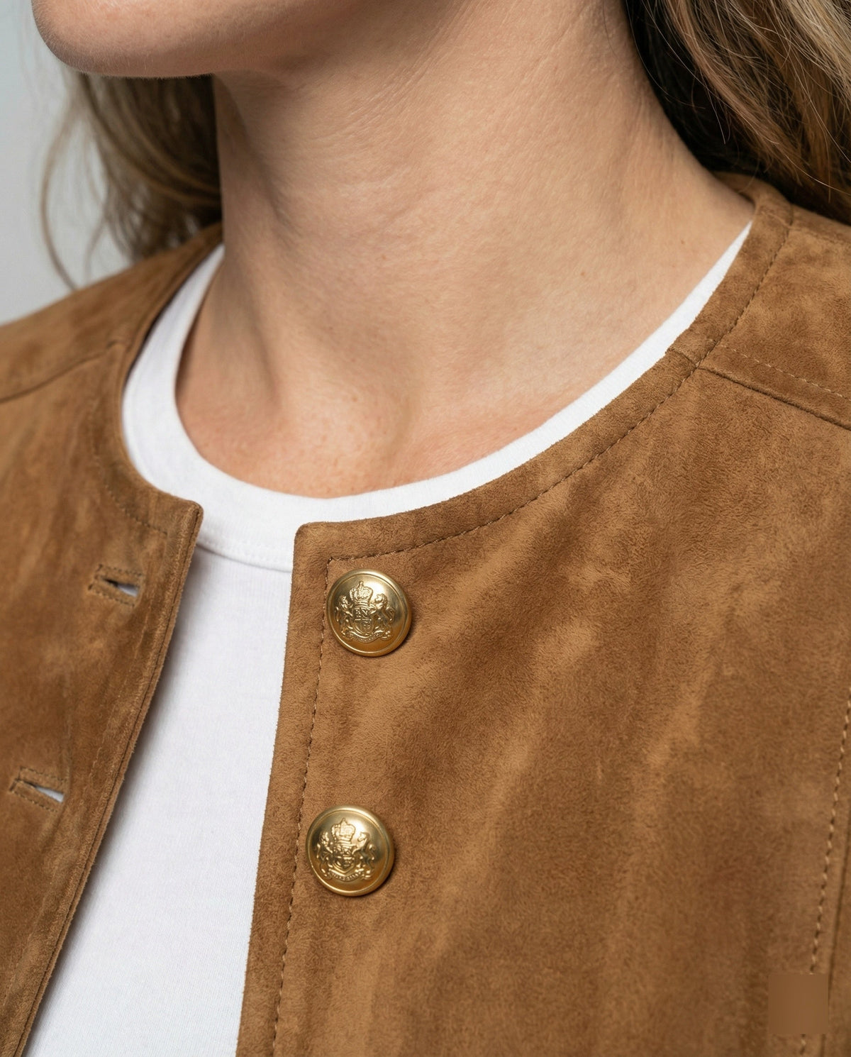 Elowen | Faux Suede Collarless Gold-Button Jacket for Fall