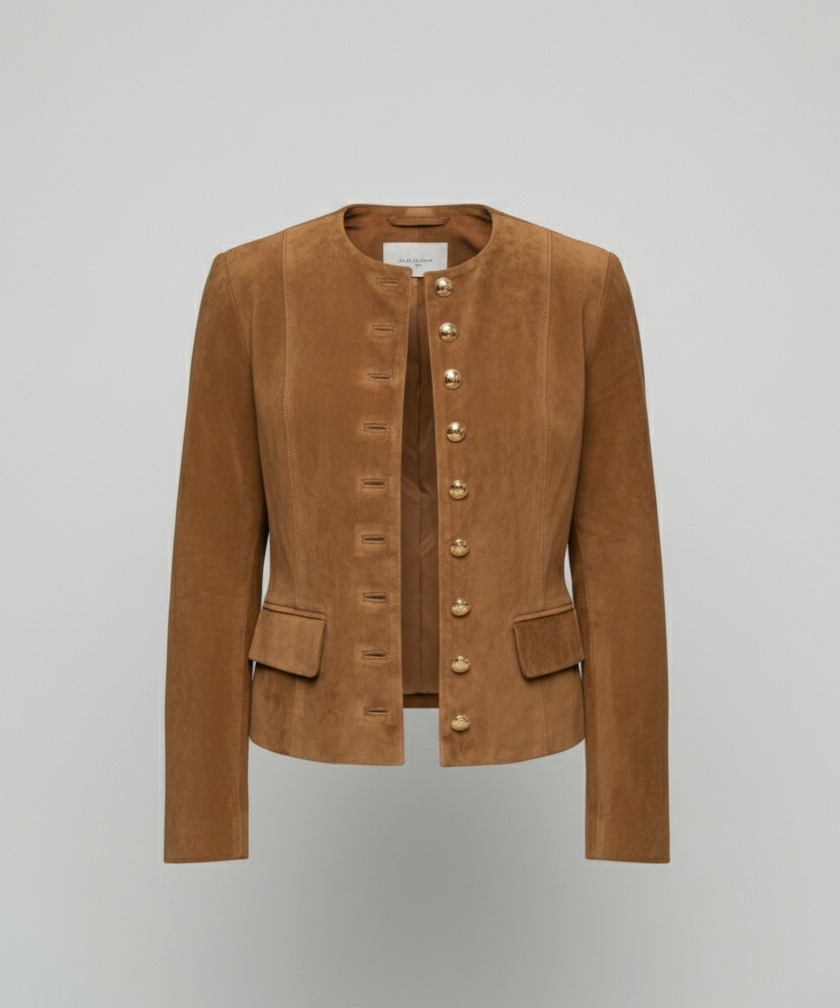 Elowen | Faux Suede Collarless Gold-Button Jacket for Fall