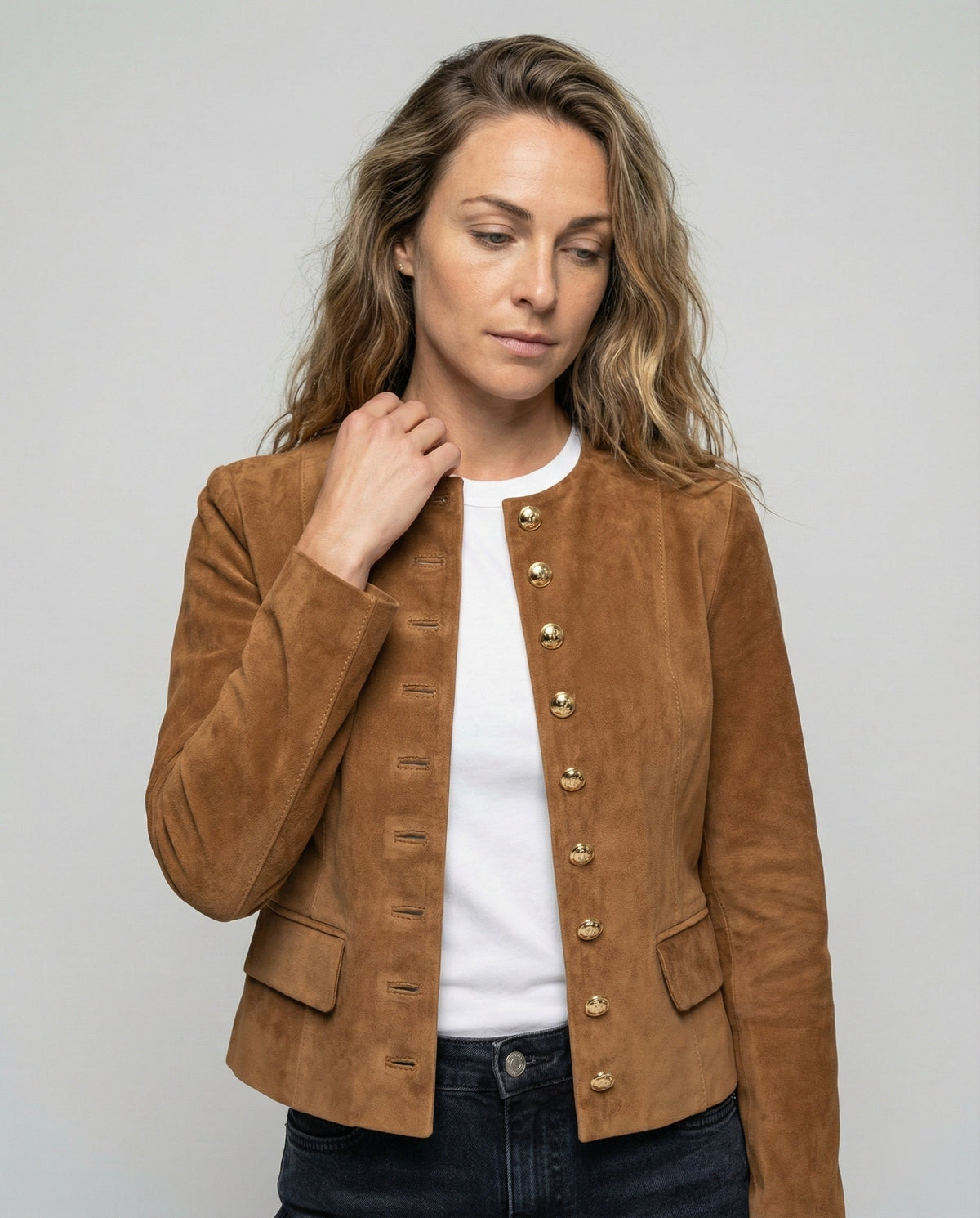 Elowen | Faux Suede Collarless Gold-Button Jacket for Fall