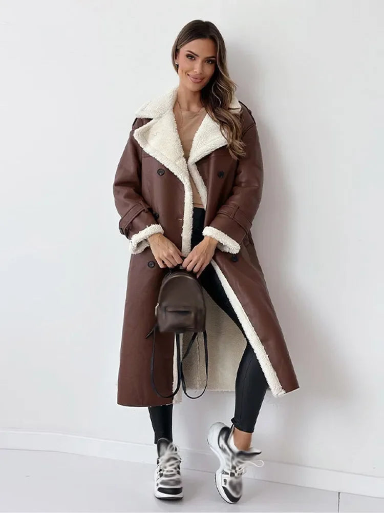 Josslyn | Long Faux Shearling Suede Belted Winter Coat for Cold-Weather