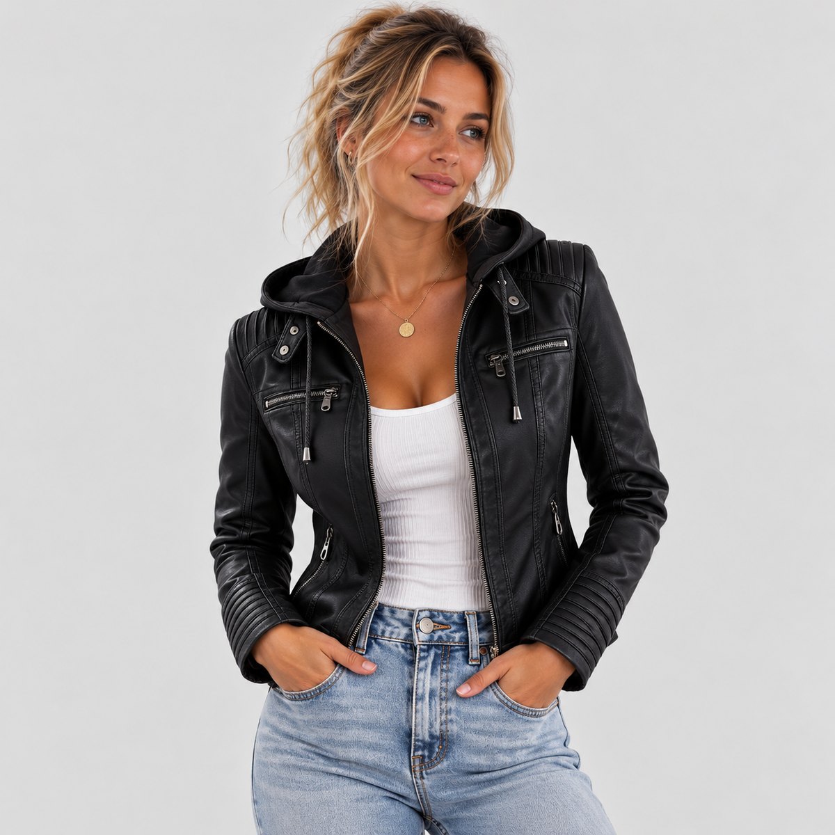 Harlow | Removable-Hood Biker Faux Leather Jacket for Winter