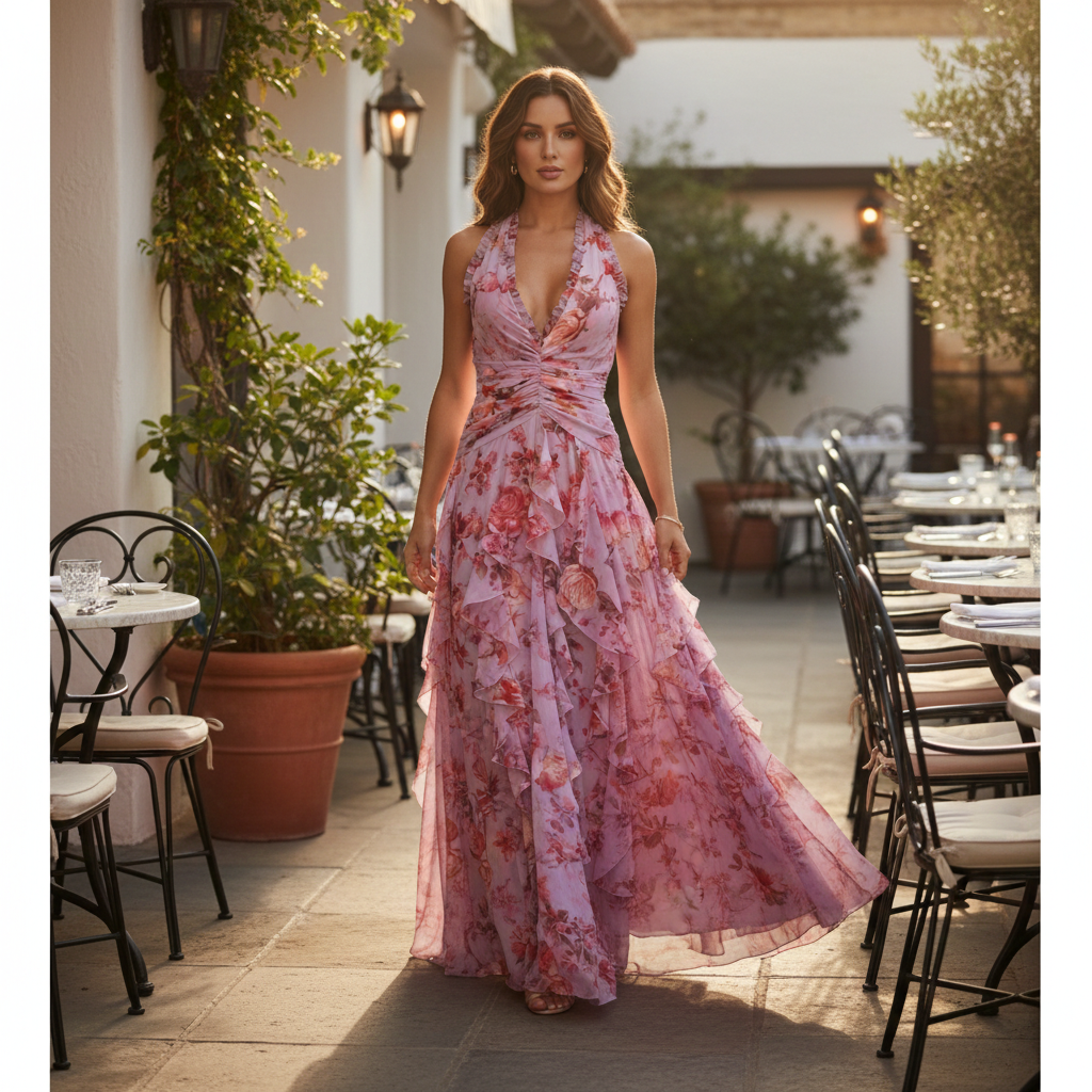 Katriel | Floral Halter Ruffle Women's Party Dress