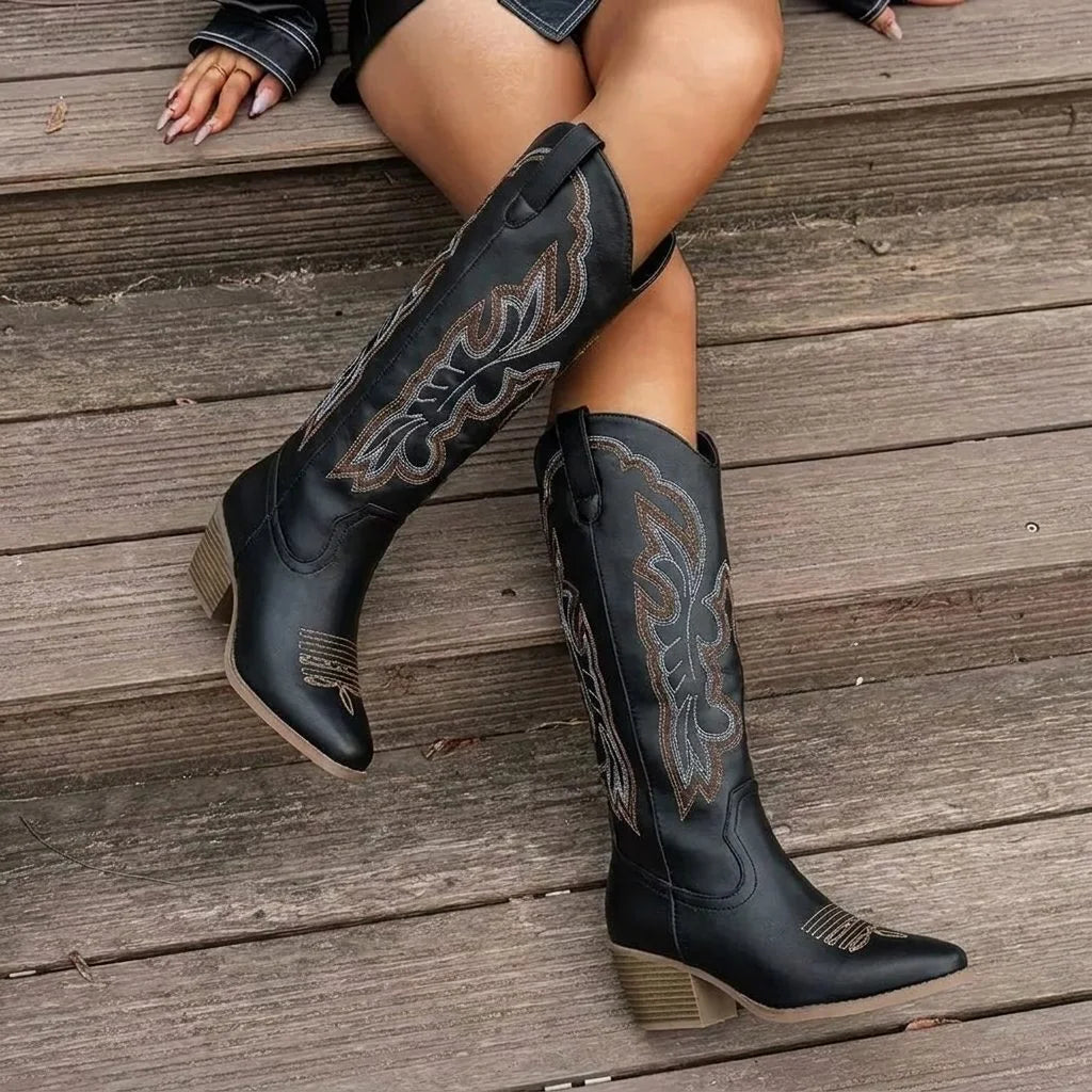 Una | Embroidered Cowgirl Women Knee High Boots for Winter