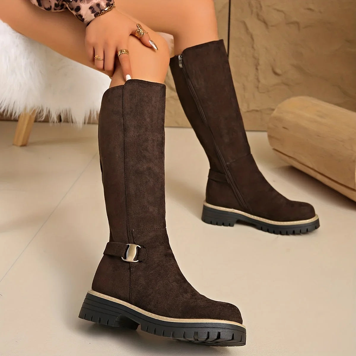 Alma | Flat Lug-Sole Women Knee High Boots for Winter