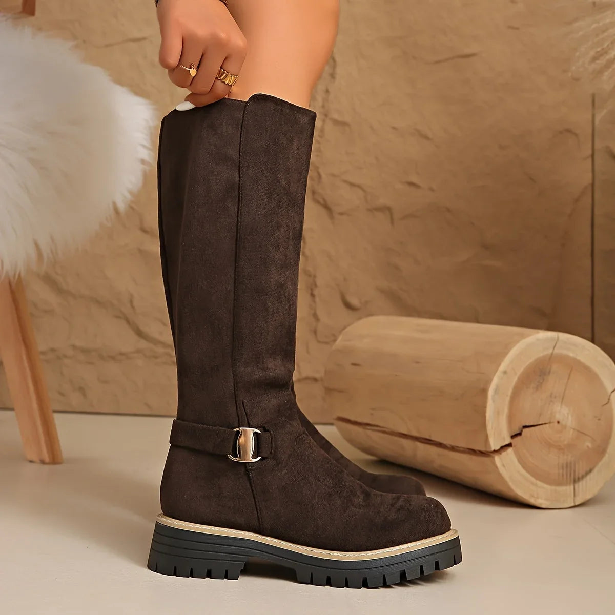 Alma | Flat Lug-Sole Women Knee High Boots for Winter