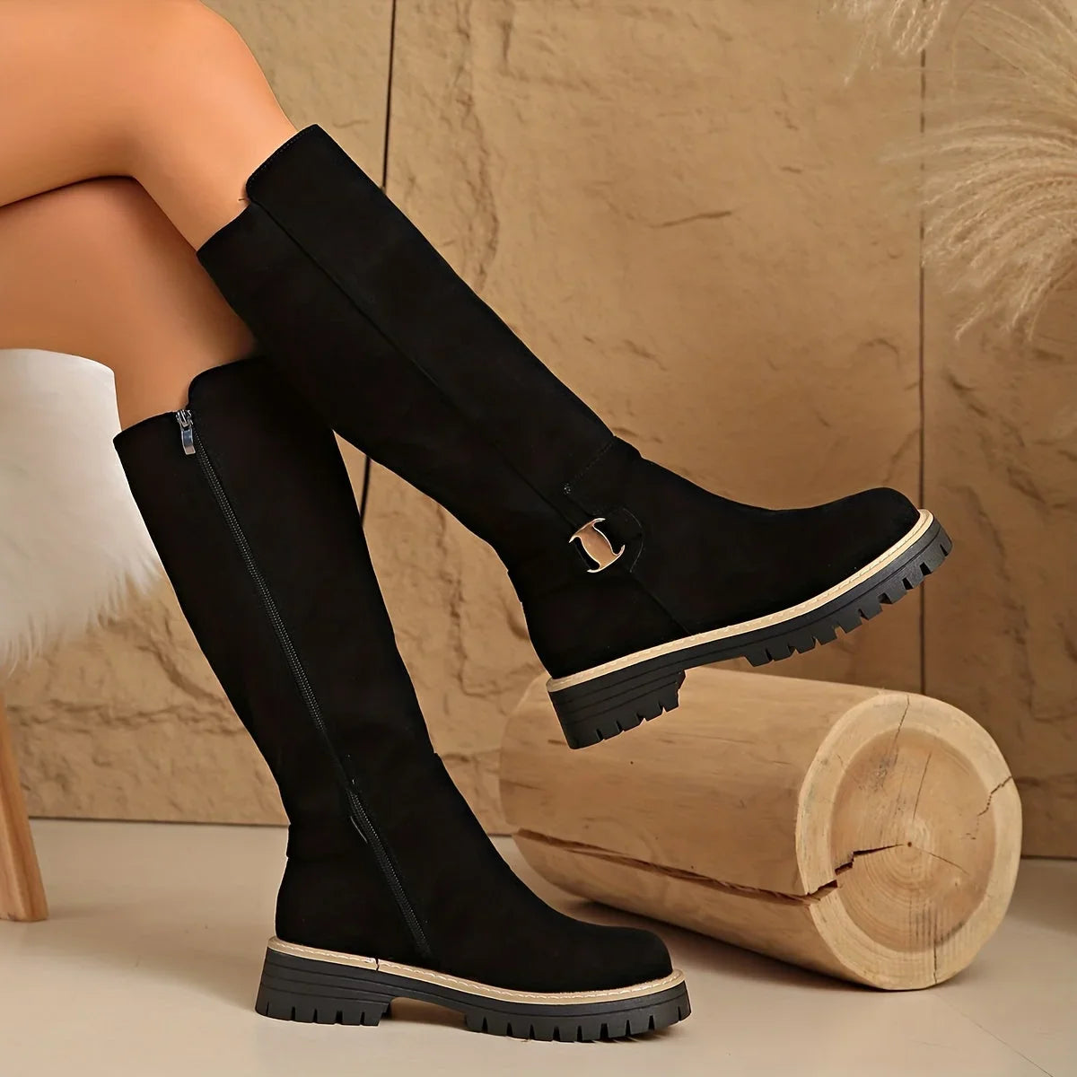 Alma | Flat Lug-Sole Women Knee High Boots for Winter