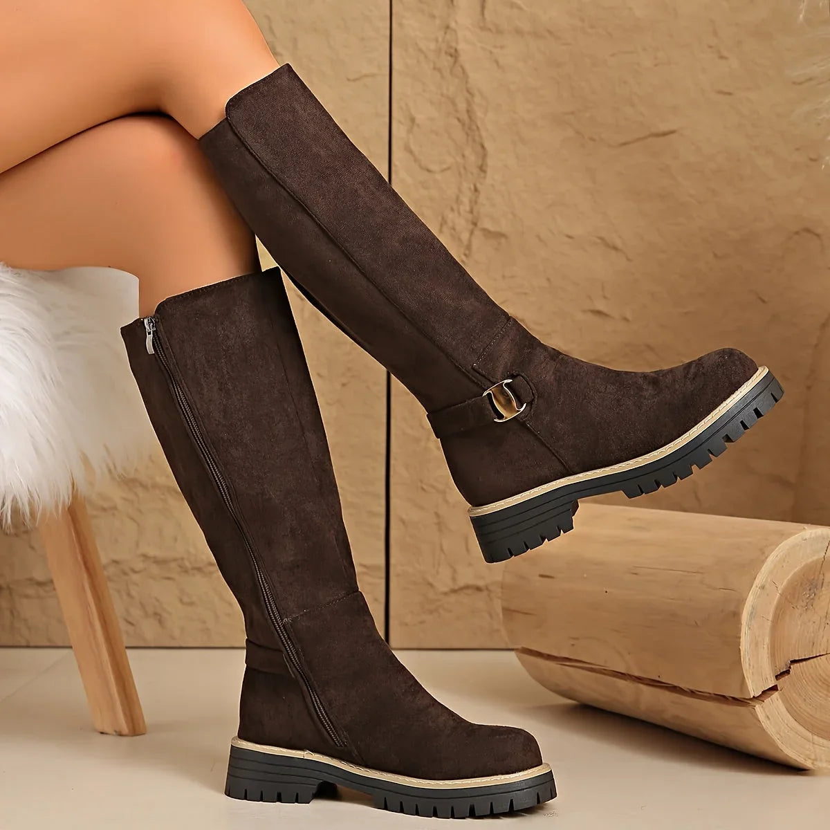 Alma | Flat Lug-Sole Women Knee High Boots for Winter