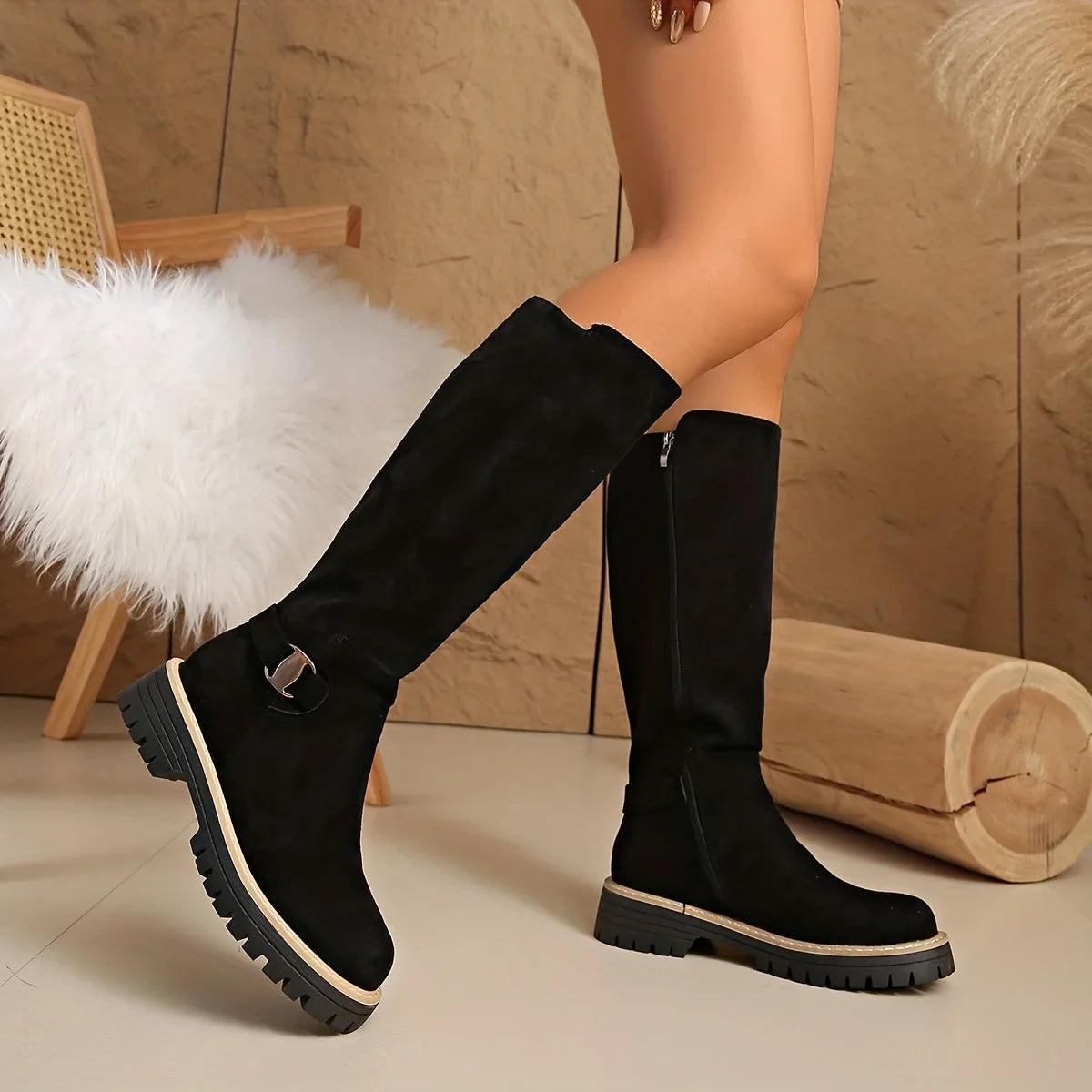 Alma | Flat Lug-Sole Women Knee High Boots for Winter